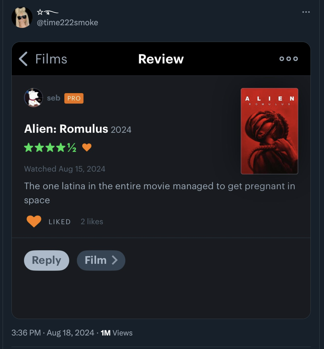 screenshot - Films seb Pro Alien Romulus 2024 Review Alien Watched The one latina in the entire movie managed to get pregnant in space d 2 Film > 1M Views